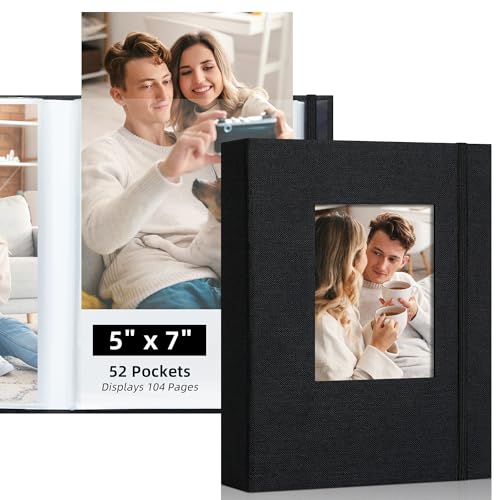 5x7 Photo Album, Slip In Fabric Cover Scrapbook with Front Window, Holds 104 Photos (52 Pockets), for Baby, Wedding, Travel, Black - color: Black, size: 52 Pockets