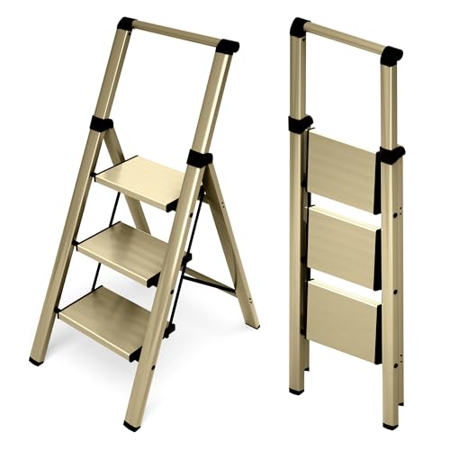 HillhutApex 3 Step Foldable Aluminum Step Ladder with Handgrip, Anti-Slip Pedal, 330 lbs Capacity, Lightweight & Portable for Home, Kitchen, Office, Garage (Gold) - color: Gold, size: 3 Step With Handrail