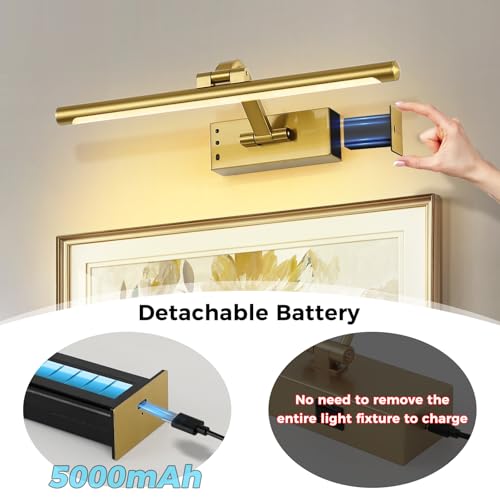 Wireless Picture Lights for Wall Removable Battery Charging, Battery Operated Art Light for Paintings, 3CCT Dimmable with Remote, Rotatable Gallery Light for Pictures Display - color: Gold