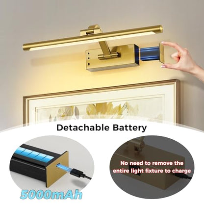 Wireless Picture Lights for Wall Removable Battery Charging, Battery Operated Art Light for Paintings, 3CCT Dimmable with Remote, Rotatable Gallery Light for Pictures Display - color: Gold