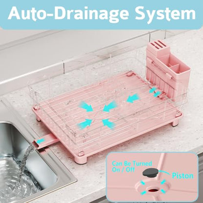 Dish Drying Rack - Space Saving Dish Rack - Dish Racks for Kitchen Counter with Drainboard,Rustproof Dish Drainer with Removable Utensil Holder,Pink - color: 1 Tier-pink