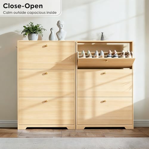 Nicetree Shoe Cabinet with 3 Flip Drawers，Freestanding Shoe Storage Cabinet, Narrow Shoe Organizer Cabinet, Farmhouse Slim Shoe Rack Cabinet for Entryway,Natural Oak with Hook - color: Natural Oak, style: 3-Drawers with Hook