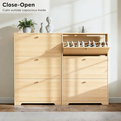 Nicetree Shoe Cabinet with 3 Flip Drawers，Freestanding Shoe Storage Cabinet, Narrow Shoe Organizer Cabinet, Farmhouse Slim Shoe Rack Cabinet for Entryway,Natural Oak with Hook - color: Natural Oak, style: 3-Drawers with Hook
