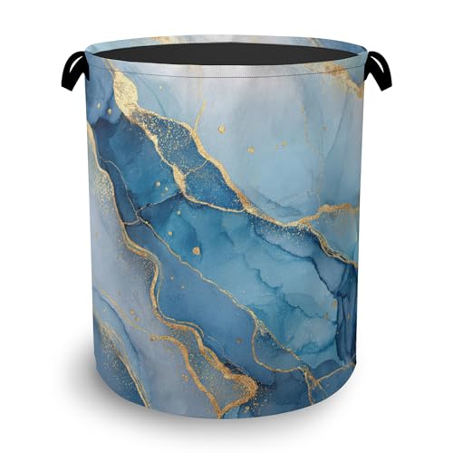 Blue Gold Marble Laundry Basket,Foldable with Handles Tote Bag Oxford Cloth for Bathroom Bedroom Dirty Clothes Storage Bucket 16" x 20.8" - color: Blue Gold Marble