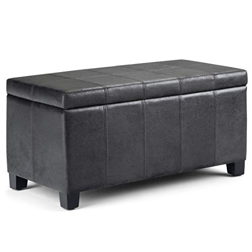 SIMPLIHOME Dover Storage Ottoman Bench - 36 inch Wide Upholstered Vegan Leather Rectangular Lift-Top Ottoman in Distressed Black, Contemporary Bench for Living Room with Safety Hinges - color: Distressed Black