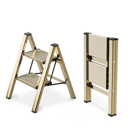 WOA WOA Step Ladder, 2 Step Foldable Step Stool with Widen Pedals, Portable Aluminum Stepladder, Compact Ladder for Space Saving, Home Ladders for Kitchen(300lbs, Gold) - color: Brown Gold, size: 2 Step