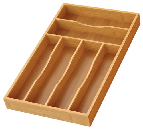 Bamboo Silverware Organizer, Bamboo Kitchen Drawer Cutlery Organizer, Utensil Holder, Flatware Organizer Tray (15.8"x9.5"x1.6") - size: Medium