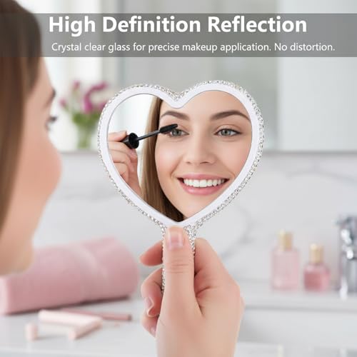 Rhinestone Handheld Mirror, Heart Shaped Hand Mirror Glitter Cosmetic Portable Cute Travel Makeup Lash for Women Wedding Silver White
