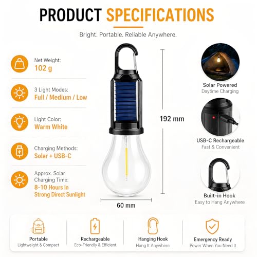 4 Pack Led Camping Lantern Solar Rechargeable,Outdoor Tent Lights for Camping Essentials, Hanging Light Bulbs with Clip Hook Camping Flashlight