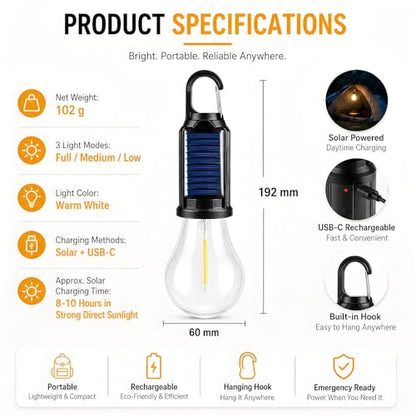 4 Pack Led Camping Lantern Solar Rechargeable,Outdoor Tent Lights for Camping Essentials, Hanging Light Bulbs with Clip Hook Camping Flashlight