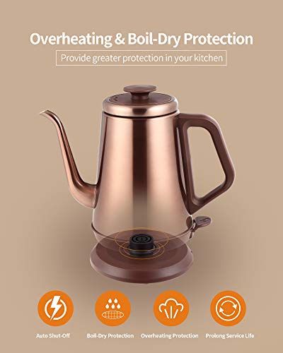 DmofwHi 1000W Gooseneck Electric Kettle (1.0L),100% Stainless Steel BPA Free Tea Kettle with Auto Shut - Off Protection, Pour Over Coffee Kettle -Copper - color: COPPER