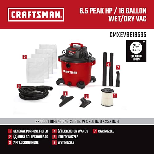 CRAFTSMAN CMXEVBE18595 16 Gallon 6.5 Peak HP Wet Dry Shop Vacuum - size: 16 Gallon 6.5 Peak HP w/4 Dust Bags