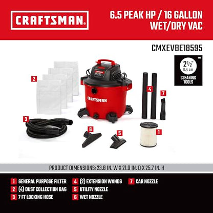 CRAFTSMAN CMXEVBE18595 16 Gallon 6.5 Peak HP Wet Dry Shop Vacuum - size: 16 Gallon 6.5 Peak HP w/4 Dust Bags