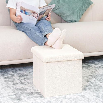 B FSOBEIIALEO Small Storage Ottoman Cube Sherpa Ottomans Foot Rest, Foldable Boucle Ottoman, Faux Teddy Fur, Cream White 15"x15"x15" - color: White, size: 15"x15"x15"