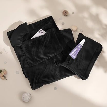 Bedsure Travel Blanket Airplane Compact with Storage Bag, Packable Blanket with Eye Mask, Lightweight 2-in-1 Travel Essentials, Functioned as Pillow for Airplane Comfort and Warmth, Black - color: Black