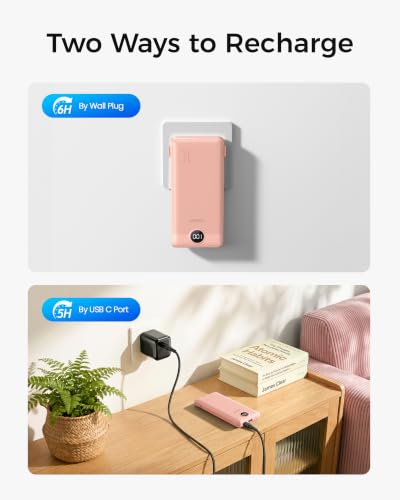 VEGER Portable Charger with Built-in AC Plug and Cables, All in One 10000mAh Ultra Slim Power Bank Travel Essentials, USB C External Battery Pack Compatible with iPhone, Samsung, More, Dark Pink - color: F Dark Pink