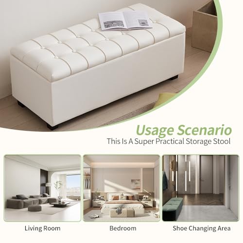 38-inch White Faux Leather Storage Ottoman Bench with Seat and Footrest Function - for Bedroom, Living Room & Entryway - color: White