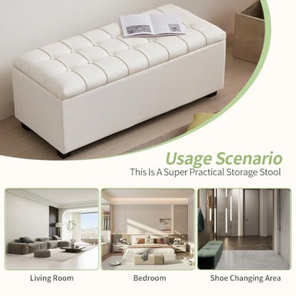 38-inch White Faux Leather Storage Ottoman Bench with Seat and Footrest Function - for Bedroom, Living Room & Entryway - color: White