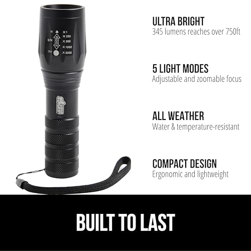 GORILLA GRIP Powerful LED Tactical Flashlight, 750 FT High Lumens 5 Adjustable Modes, Water Resistant, Ultra Bright Zoom Flashlights, Small Mini Flash Light, Camping, Night Dog Walking, Black - color: Black