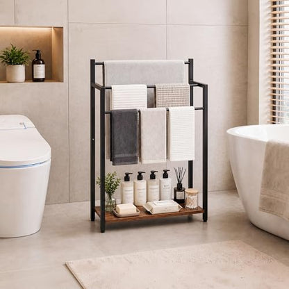 24.8" W Freestanding Towel Rack, 3 Tier Blanket Ladder Stand with Rustic Brown Wooden Shelf for Bathroom Living Room - color: Rustic Brown, size: 31.5" H x 24.8" W x7.9 D