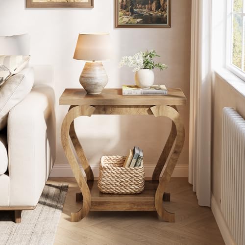 Tribesigns Narrow End Table with Storage, 2-Tier Wooden Side Table for Small Spaces, Slim Nightstand Bedside Table for Living Room & Bedroom, Rustic Brown, 23.6 Inch (1, Brown) - color: Brown