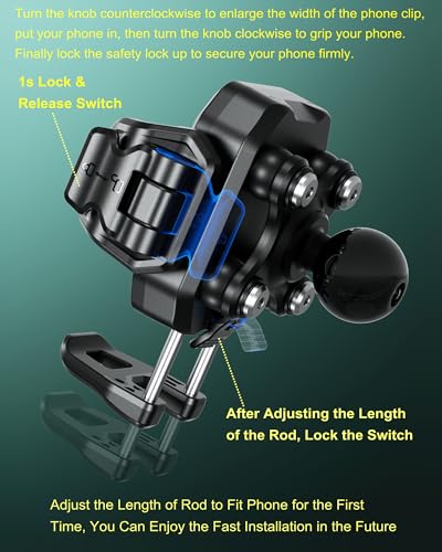 BRCOVAN Anti-Theft Phone Mount Holder with Vibration Dampener, 1s Locking | Don't Block Camera, with Aluminum Round Base & Medium Arm, for Car Boat Truck Motorcycle UTV, Fit 5.4-7.2'' Smartphones