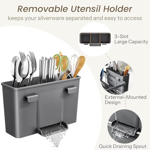 SNTD Dish Drying Rack - Small Dish Rack for Kitchen Counter, Stainless Steel Dish Drainer with Utensil Holder and Drainboard, 11" W x 15" L (Grey) - color: Gray, size: 11" W x 15" L