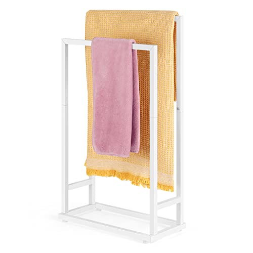 Freestanding Towel Racks for Bathroom 2 Tier Hand Towel Drying Rack Metal Blanket Towel Holder Stand for Bedroom Indoor Outdoor Pool Small Blanket Rack (Matte White) - color: White