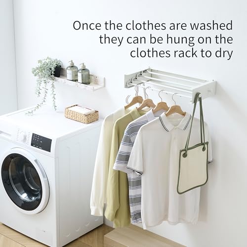 Clothes Drying Rack, Laundry Hanger Dryer Rack, Wall Mounted Drying Rack for Laundry, Foldable Drying Rack Indoor Outdoor,19.7" Wide,4 Aluminum Rods with Hooks, 40 lb Capacity (White 19.7" Hooks) - size: 19.7 Inch with hooks