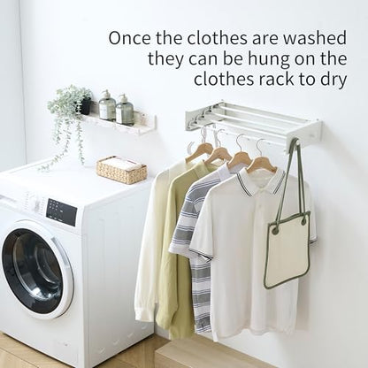 Clothes Drying Rack, Laundry Hanger Dryer Rack, Wall Mounted Drying Rack for Laundry, Foldable Drying Rack Indoor Outdoor,19.7" Wide,4 Aluminum Rods with Hooks, 40 lb Capacity (White 19.7" Hooks) - size: 19.7 Inch with hooks