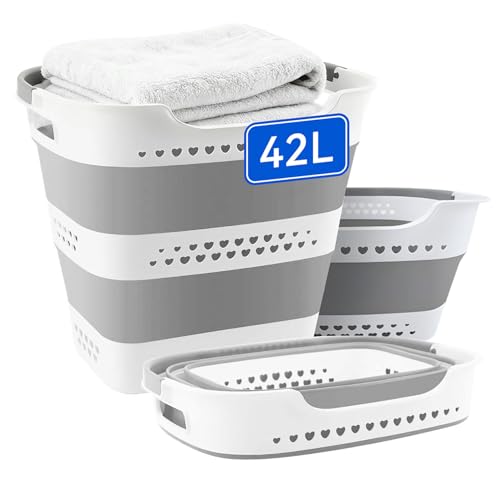 42L Medium Collapsible Plastic Laundry Basket with Handles, Foldable Laundry Basket Hamper, Pop Up Storage Container Organizer for Washing Storage (Gery, 17 Inch * 13 Inch * 15 Inch) - style: 42L