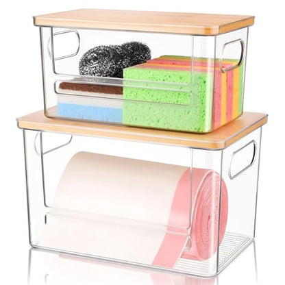 Trash Bag Holder Dispenser 2 Pack, Garbage Bag Dispenser with Bamboo Lid & Handles, Stackable Clear Trash Bag Organizer Under Sink for Kitchen, Pantry, Laundry Room, Cabinet (XL+S) - size: S + XL