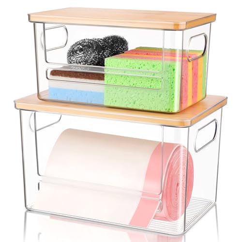 Trash Bag Holder Dispenser 2 Pack, Garbage Bag Dispenser with Bamboo Lid & Handles, Stackable Clear Trash Bag Organizer Under Sink for Kitchen, Pantry, Laundry Room, Cabinet (XL+S) - size: S + XL
