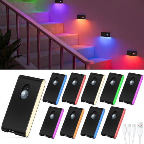 WILLED Motion Sensor Light Indoor, RGB & Warm White Motion Sensor Night Light, Rechargeable Stair Lights Indoor, Color Changing Night Light for Stair,Hallway,Bathroom,Cabinet,Kitchen,10 Pack - color: Black, size: 10 Pack