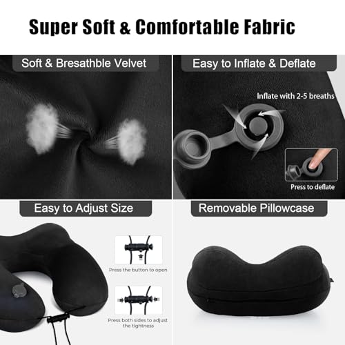 Inflatable Travel Neck Pillow for Airplanes, Super Soft Velvet Neck Support, Adjustable Firmness, Blow Up Plane Pillow for Long Flights, Road Trips, Travel Essentials with Eye Mask, Earplug - color: Black