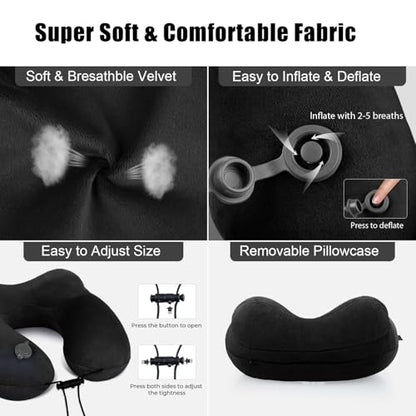 Inflatable Travel Neck Pillow for Airplanes, Super Soft Velvet Neck Support, Adjustable Firmness, Blow Up Plane Pillow for Long Flights, Road Trips, Travel Essentials with Eye Mask, Earplug - color: Black