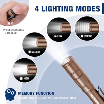 WORKPRO Rechargeable Pen Light, Mini Flashlight, 2 Pack Ultra-Compact EDC Flashlight, Pocket Flashlight with Clip, Memory Function and 2 x USB C Cable Included, Brown - color: Brown