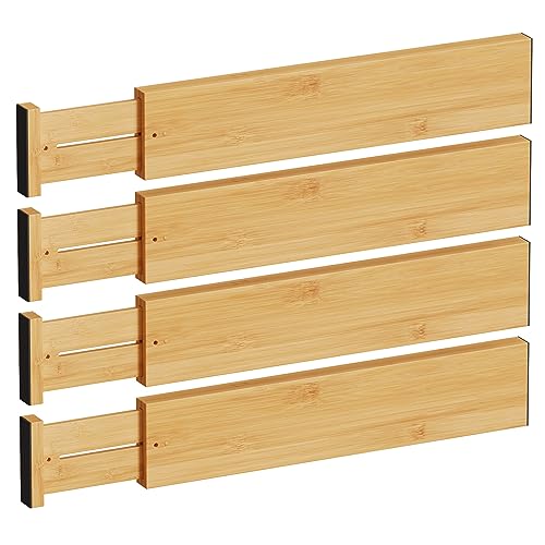 BAMEOS Bamboo Expandable Drawer Dividers – Fits 16.65"–22" Drawers, 4" Extra Deep Walls, Set of 4 | Maximum-Height Spring-Loaded Organizer for Deep Kitchen, Bathroom & Dresser Drawers - size: 4''H, 16.65''-22''L