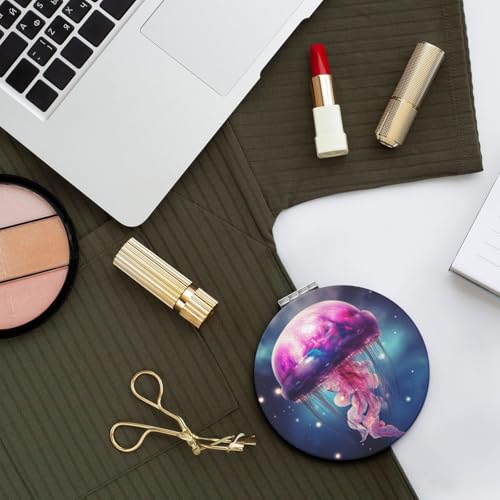 Galaxy Gellyfish Print Foldable Travel Pocket Mirror Round PU Leather Portable Mini Makeup Double Sided Handheld Magnifying,2.6 in - color: Galaxy Gellyfish