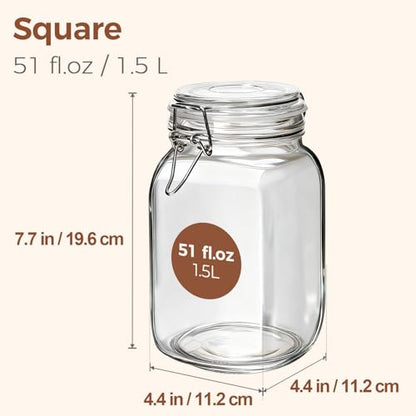 ComSaf Set of 3 Square Glass Jars with Airtight Lids (51 Oz) — Wire Clamp Canisters for Small-Batch Pickling, Kimchi, Bulk Dry Food, Wide Mouth Space Saving Kitchen Pantry Organization Jars - size: 51oz*3
