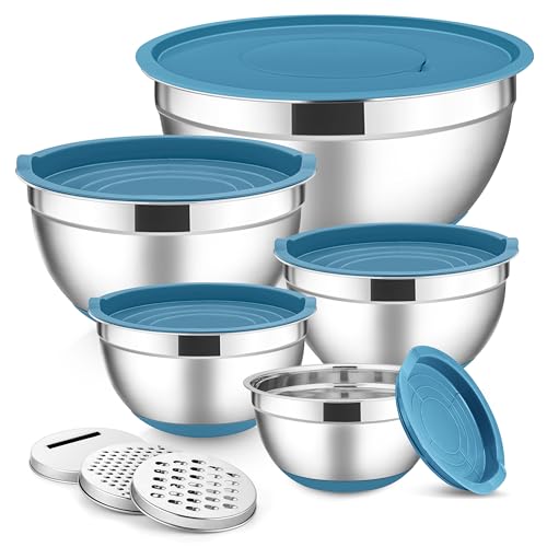 E-far Stainless Steel Mixing Bowls with Lids Set, 5-Piece Nesting Salad Bowls with 3 Grater Attachments and Non-Slip Bottoms, Size 4.6, 2.6, 2, 1.5, 1QT for Kitchen (Blue) - color: Blue, size: 5 Regular Sizes