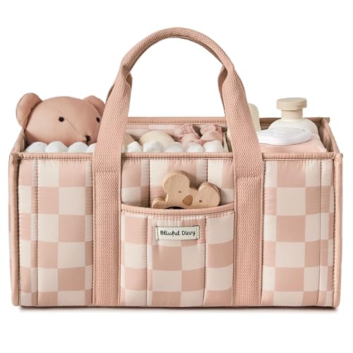 Blissful Diary Checkered Diaper Caddy Organizer, Stylish Nursery Storage Basket, Gift for Baby Shower, Newborn Essentials, Registry Search Must Haves, Pink - color: Checkered Pink