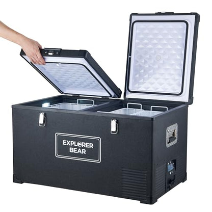 Explorer Bear 12 Volt Refrigerator 12V Car Fridge 12/24V DC 110-240V AC Portable Freezer Compressor Cooler 0℉-50℉ 3-Year Warranty for Truck Van RV SUV Boat Trailer Travel Road Trips Camping… - size: 75L Dual Zone