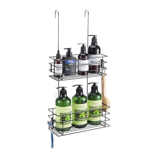 Shower Organizer Hanging Shower Caddy with Rotatable Hook bar Over the Door and Can be Hung on the Faucet or Claw Foot, Stainless Steel Rust Proof and Durable （Black） - color: Black, size: 2-Tier