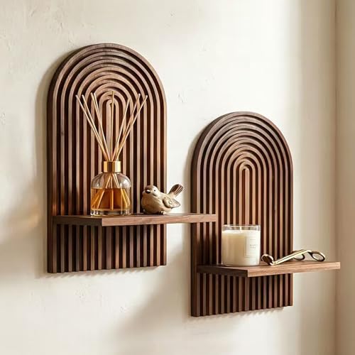 LIYAOLI Boho Shelves Bohemian Decorative,Vintage Wall Shelf Boho Chic Wall Decor for Living Room 2 Pieces 15 x 8.6 Inch Wooden Vintage Shelf Decor Hanging Shelves for Wall Mounted Candle Holder - color: Vintage