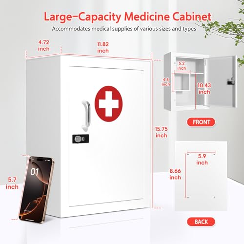 Locking Medicine Cabinet Wall-Mount: Storage Cabinet with Combination Lock & Key - White Metal First Aid Kits for Family Safety and Childproofing - color: Frosted White