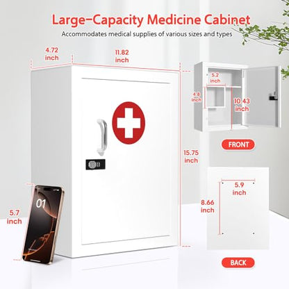 Locking Medicine Cabinet Wall-Mount: Storage Cabinet with Combination Lock & Key - White Metal First Aid Kits for Family Safety and Childproofing - color: Frosted White