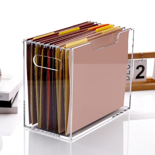 DINGHUO Hanging File Organizer, Acrylic File Holder with Handles, No Assembly Required, Clear File Crate Storage Box for Desk Office, Fits Standard Letter Size 8.5"x11" Folders - size: XL Letter