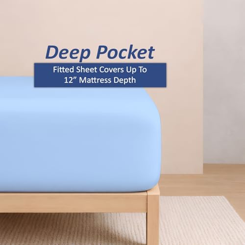 KRISHNA Premium Sheet Set Queen Size 60"x80", Microfiber Bed Sheets Ultra-Soft, Wrinkle-Resistant, Fits Upto 12 Inch Deep Mattress, Light Blue Solid - color: Light Blue, size: Queen - 60” x 80”