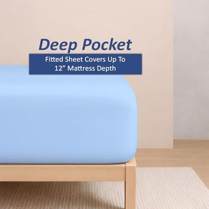KRISHNA Premium Sheet Set Queen Size 60"x80", Microfiber Bed Sheets Ultra-Soft, Wrinkle-Resistant, Fits Upto 12 Inch Deep Mattress, Light Blue Solid - color: Light Blue, size: Queen - 60” x 80”